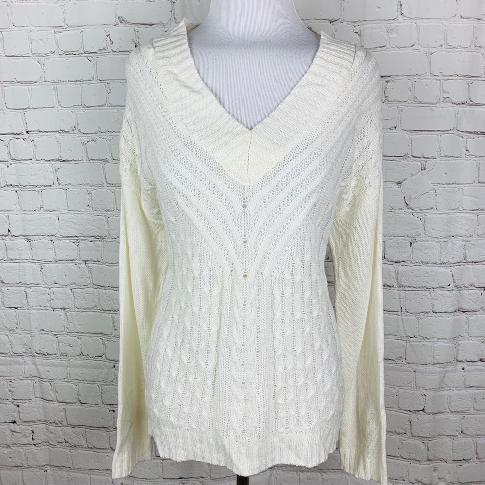 Ivory V-Neck Lace up Cable Knit Sweater